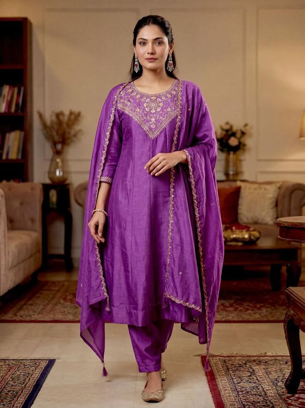 Purple Silk Embroidered Kurti Palazzo Dupatta Set