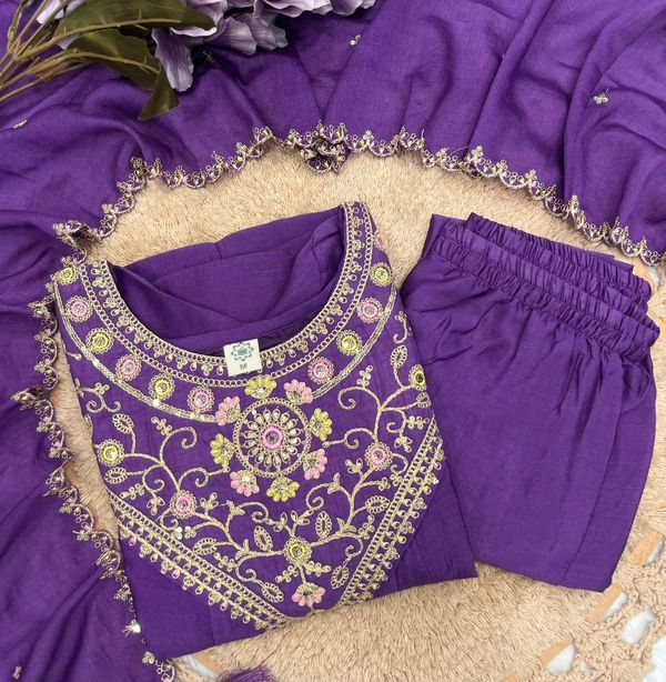 Purple Silk Embroidered Kurti Palazzo Dupatta Set