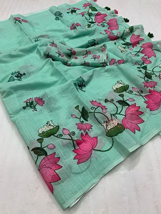Soft Green Pichwai Lotus Printed Linen Saree