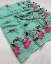 Soft Green Pichwai Lotus Printed Linen Saree - Green