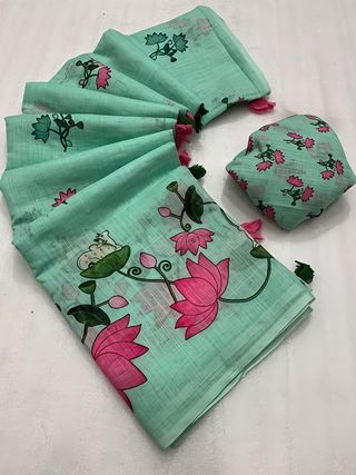 Soft Green Pichwai Lotus Printed Linen Saree
