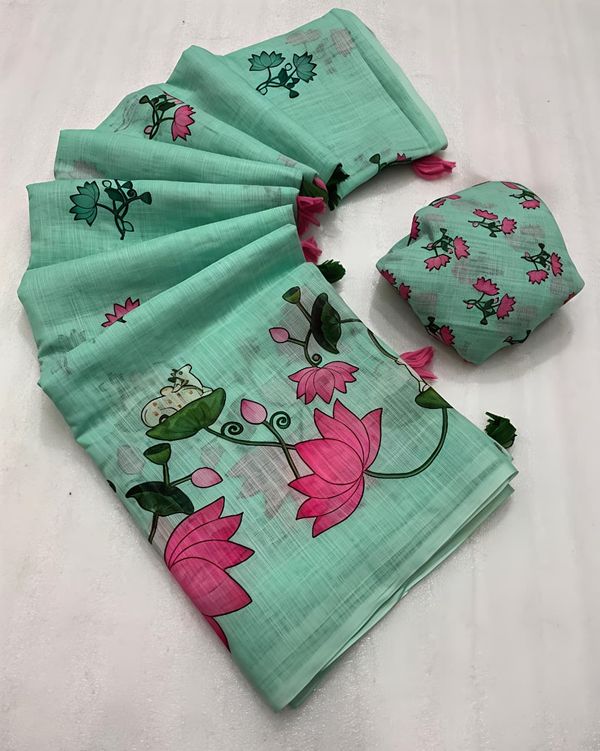 Soft Green Pichwai Lotus Printed Linen Saree
