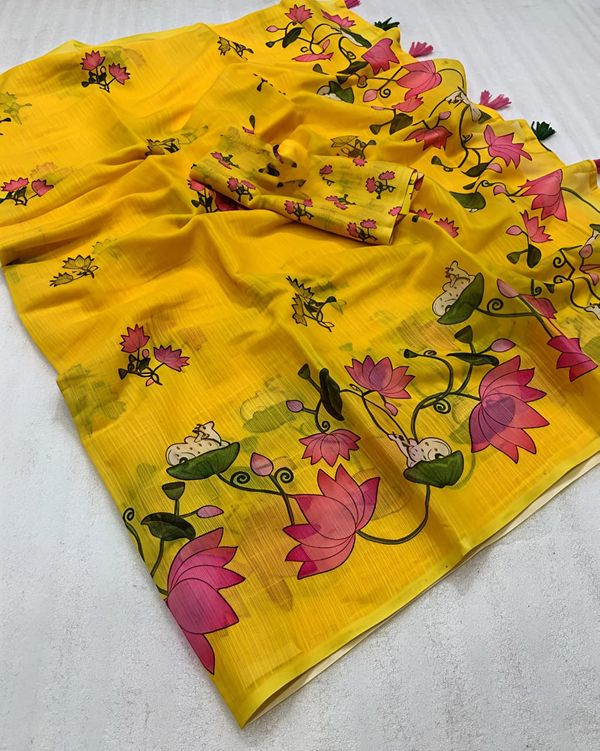Yellow Lotus Bloom Pichwai Linen Saree