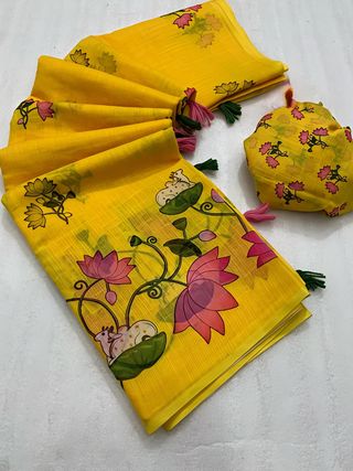 Yellow Lotus Bloom Pichwai Linen Saree