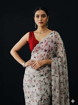 Cream Floral Georgette Saree with Stone Work Blouse