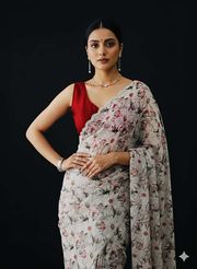 Cream Floral Georgette Saree with Stone Work Blouse - Cream