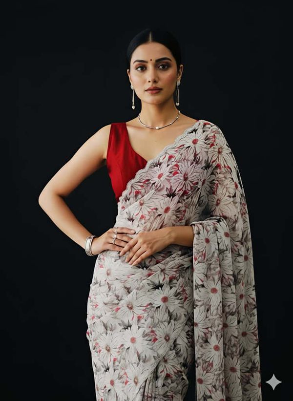 Cream Floral Georgette Saree with Stone Work Blouse