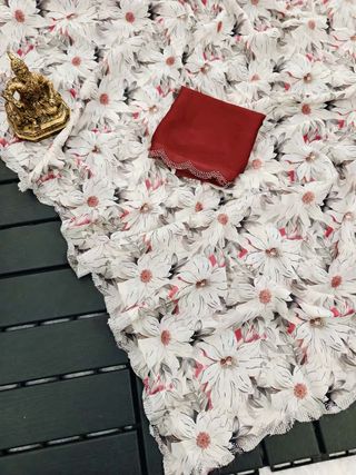 Cream Floral Georgette Saree with Stone Work Blouse