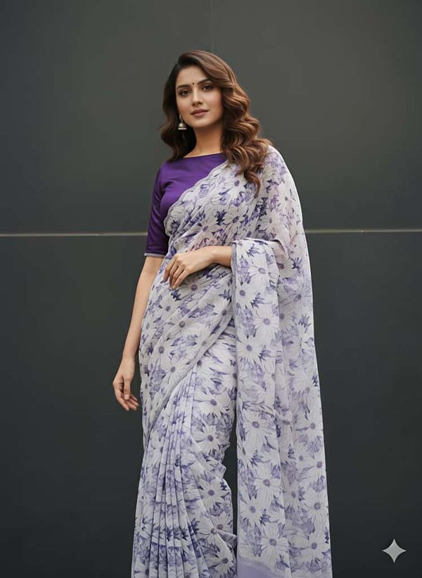 Elegant Lavender Floral Georgette Saree with Border