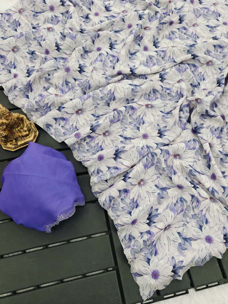 Elegant Lavender Floral Georgette Saree with Border