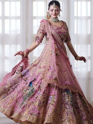 Pink Bridal Sequins Lehenga Set with Heavy Flare