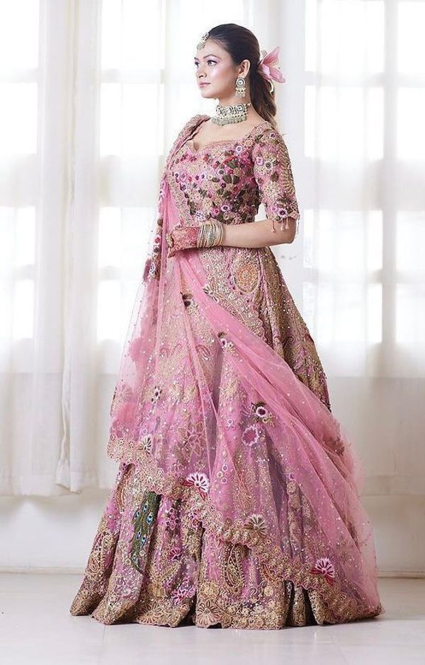 Pink Bridal Sequins Lehenga Set With Heavy Flare