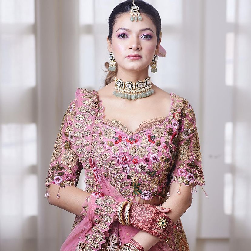 Pink Bridal Sequins Lehenga Set with Heavy Flare