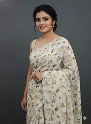 Cream Floral Georgette Saree with Scalloped Border - Cream