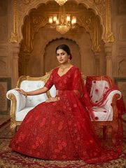 Red Butterfly Net Sequins Lehenga Set Wedding Wear - Red