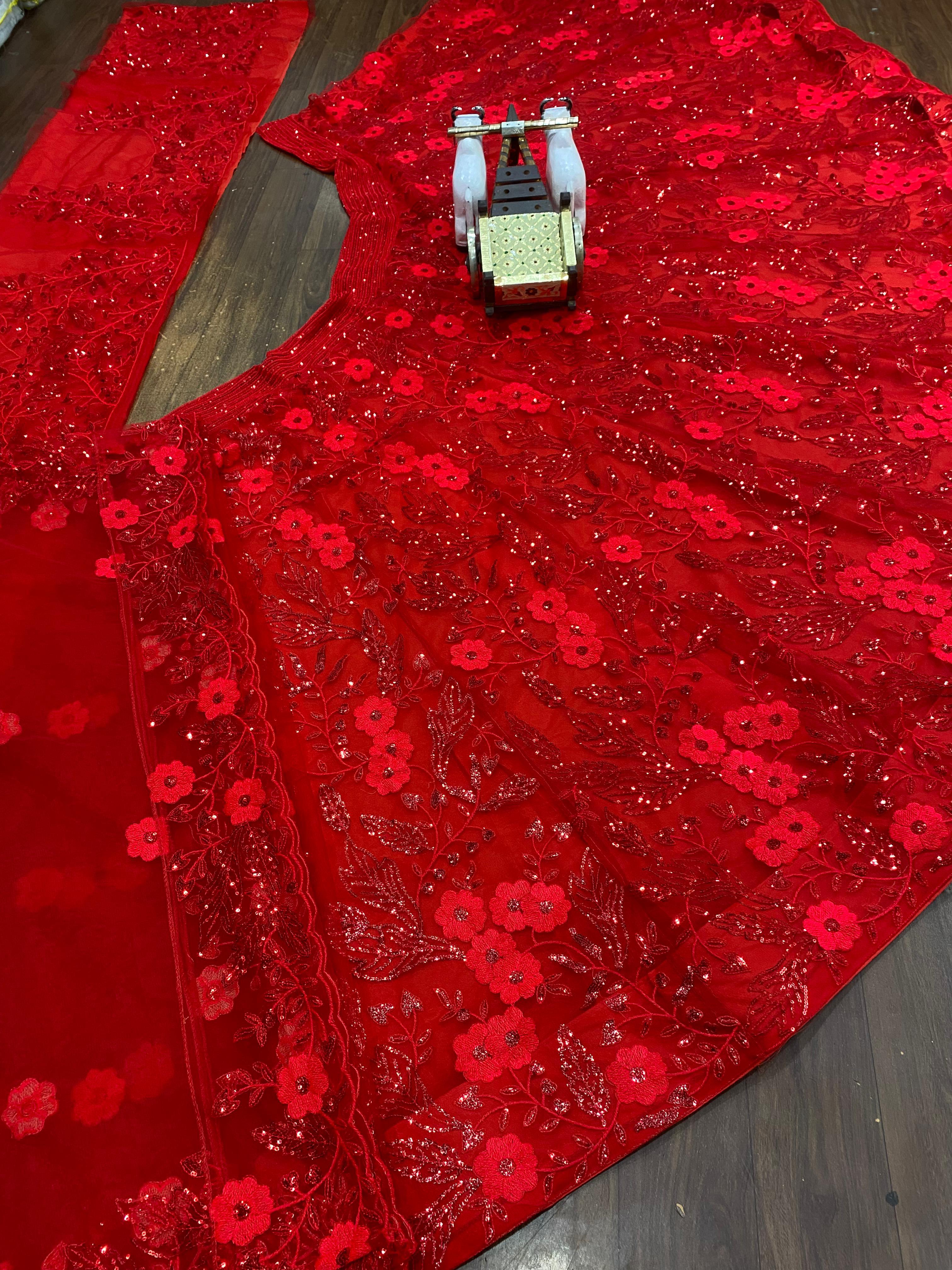 Red Butterfly Net Sequins Lehenga Set Wedding Wear