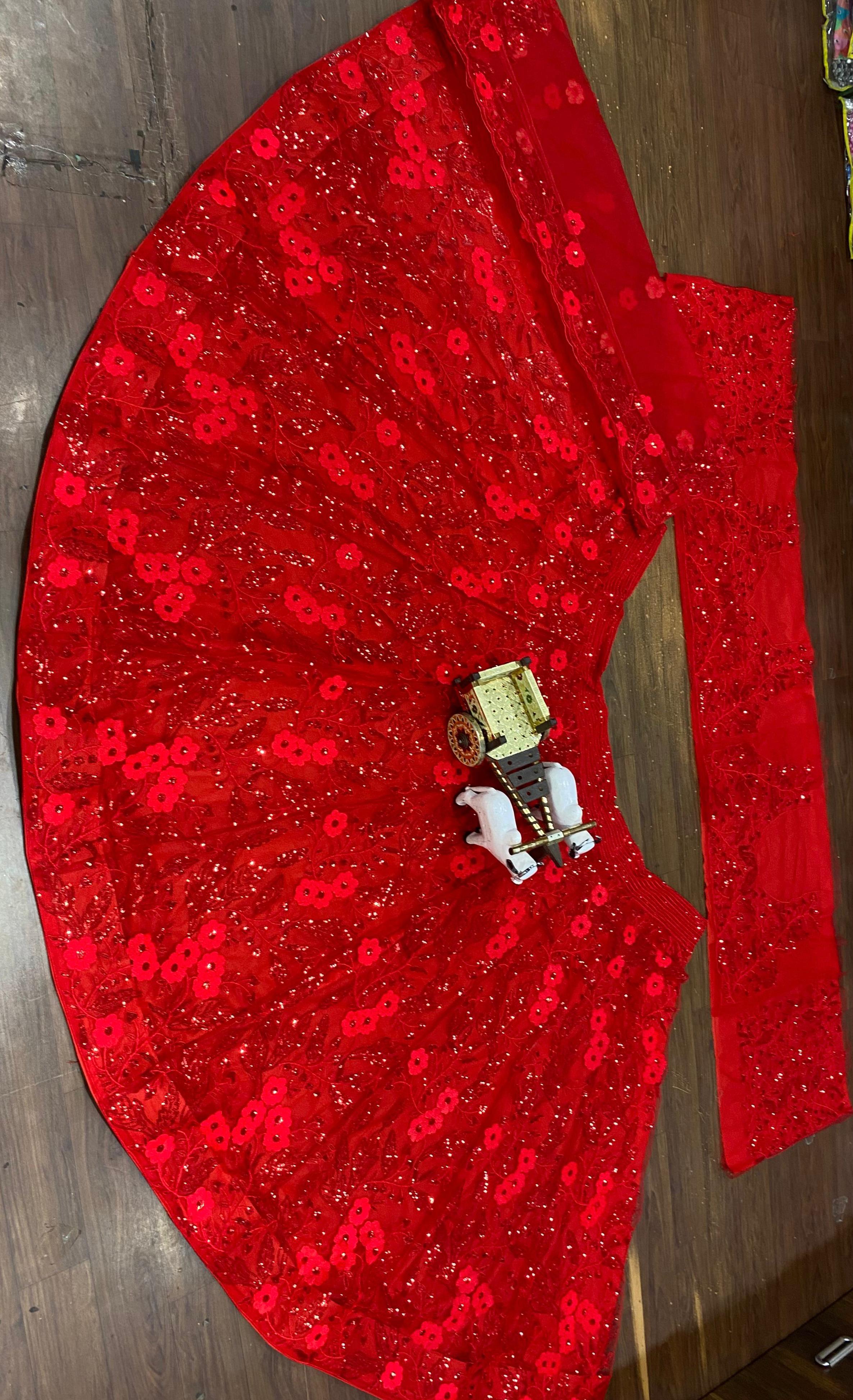 Red Butterfly Net Sequins Lehenga Set Wedding Wear
