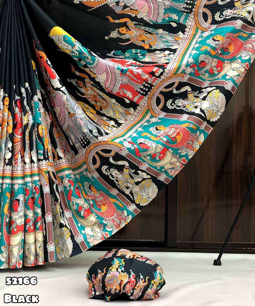 Black Traditional Kalamkari Print Silk Saree