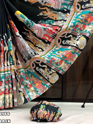 Black Traditional Kalamkari Print Silk Saree