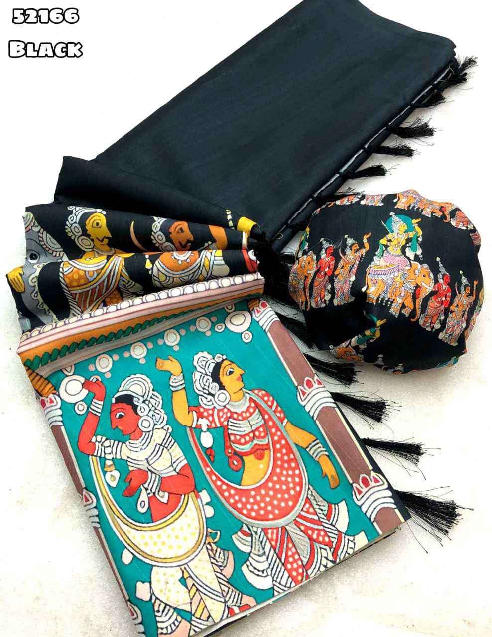Black Traditional Kalamkari Print Silk Saree