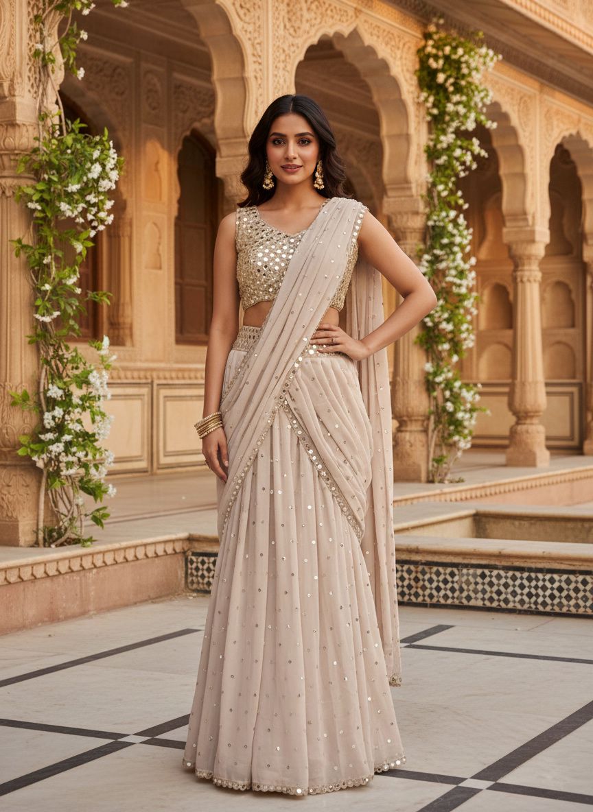 Beige Mirror Work Ready to Wear Saree with Blouse