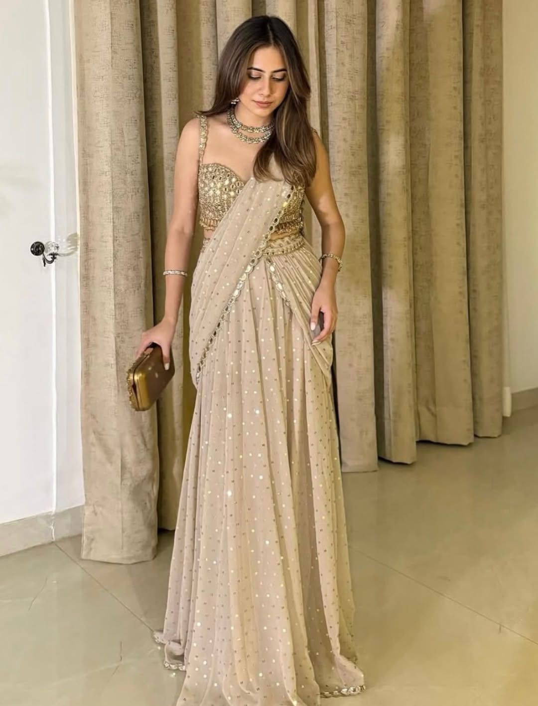 Beige Mirror Work Ready to Wear Saree with Blouse