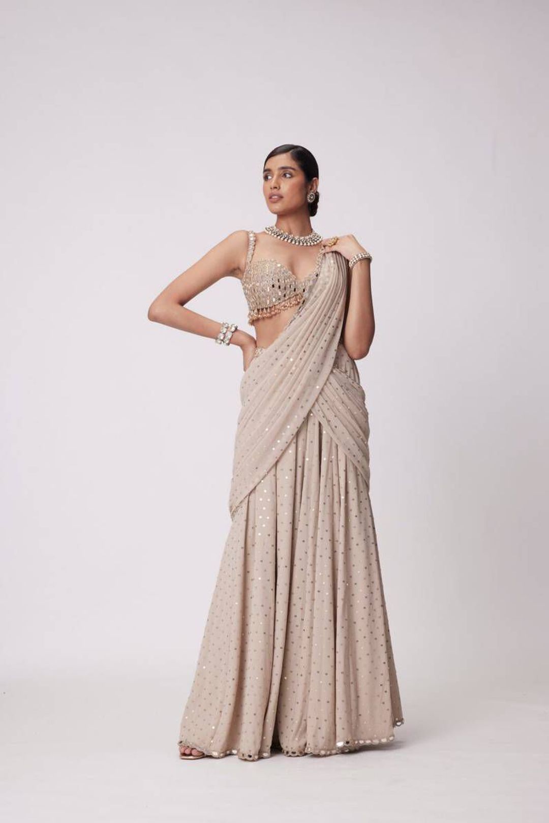 Beige Mirror Work Ready to Wear Saree with Blouse