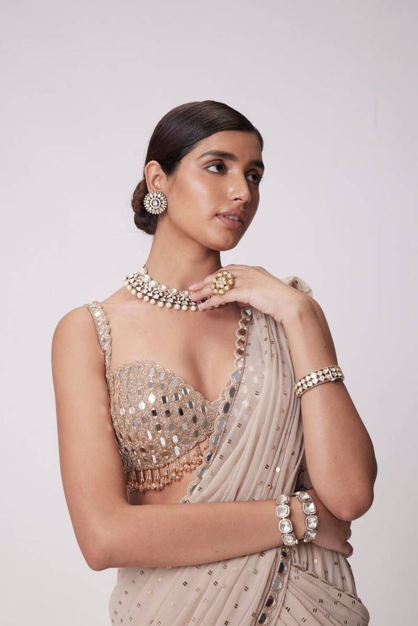 Beige Mirror Work Ready to Wear Saree with Blouse