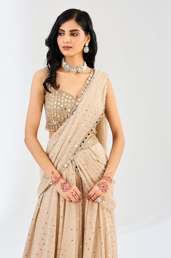 Beige Mirror Work Ready to Wear Saree with Blouse