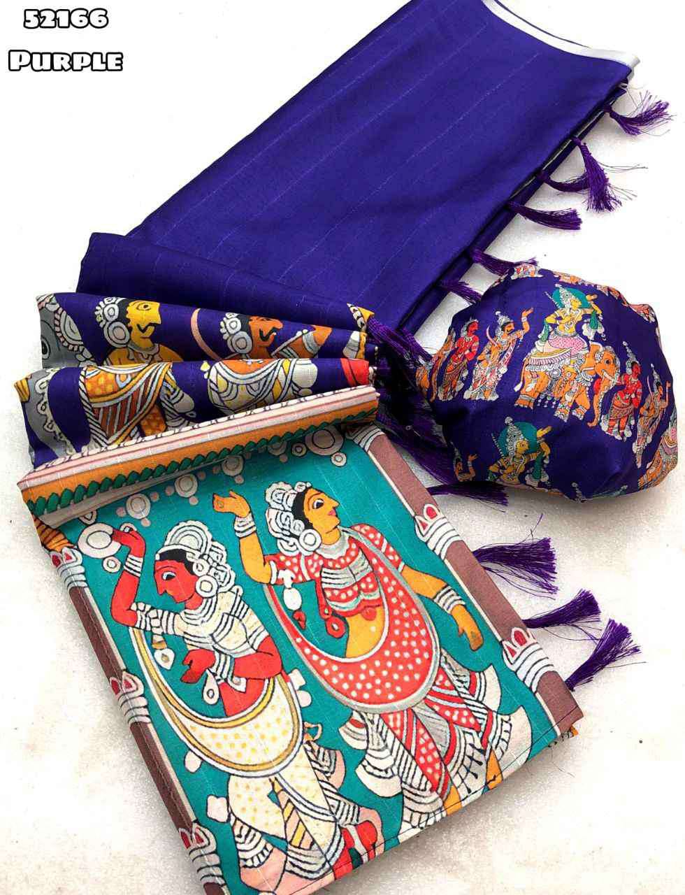 Purple Kalamkari Tussar Silk Saree with Printed Blouse