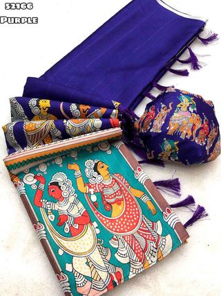 Purple Kalamkari Tussar Silk Saree with Printed Blouse
