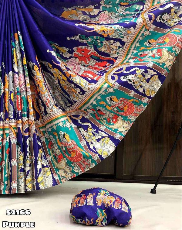 Purple Kalamkari Tussar Silk Saree with Printed Blouse