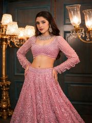 Pink Sequins Embroidered Butterfly Net Lehenga Set - Pink