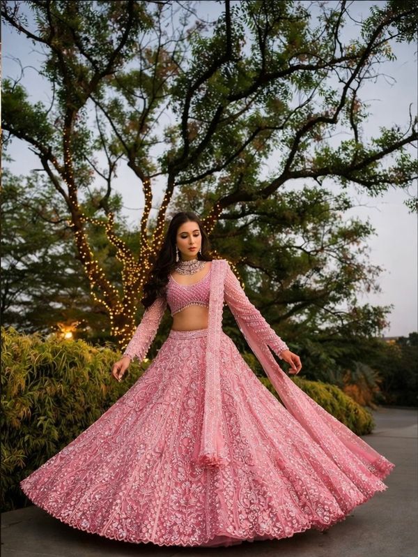 Pink Sequins Embroidered Butterfly Net Lehenga Set