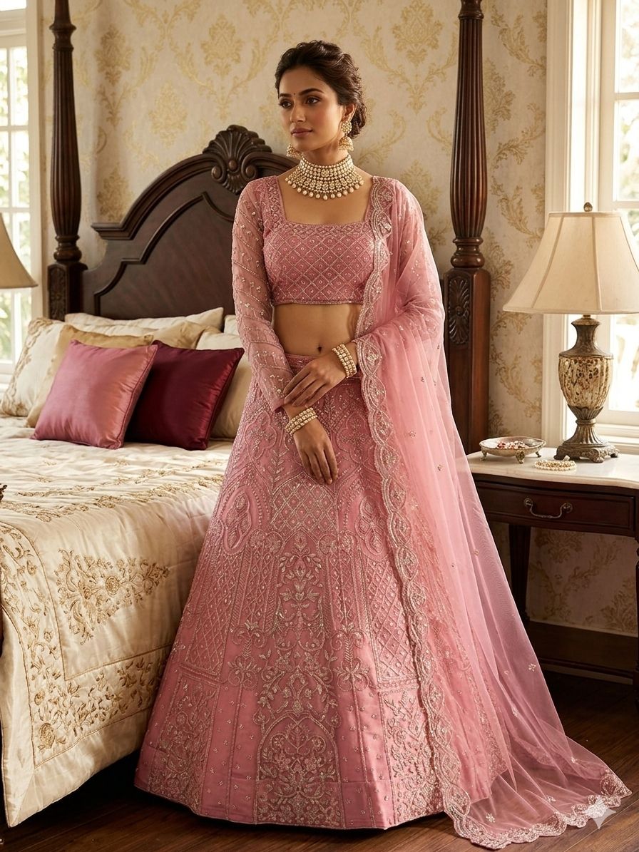 Pink Sequins Embroidered Butterfly Net Lehenga Set