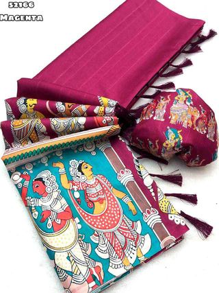 Magenta Traditional Kalamkari Art Saree with Blouse