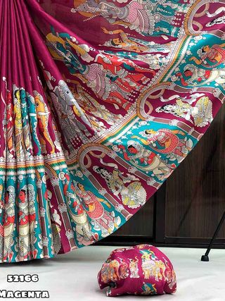 Magenta Traditional Kalamkari Art Saree with Blouse