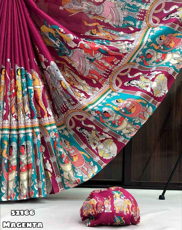 Magenta Traditional Kalamkari Art Saree with Blouse