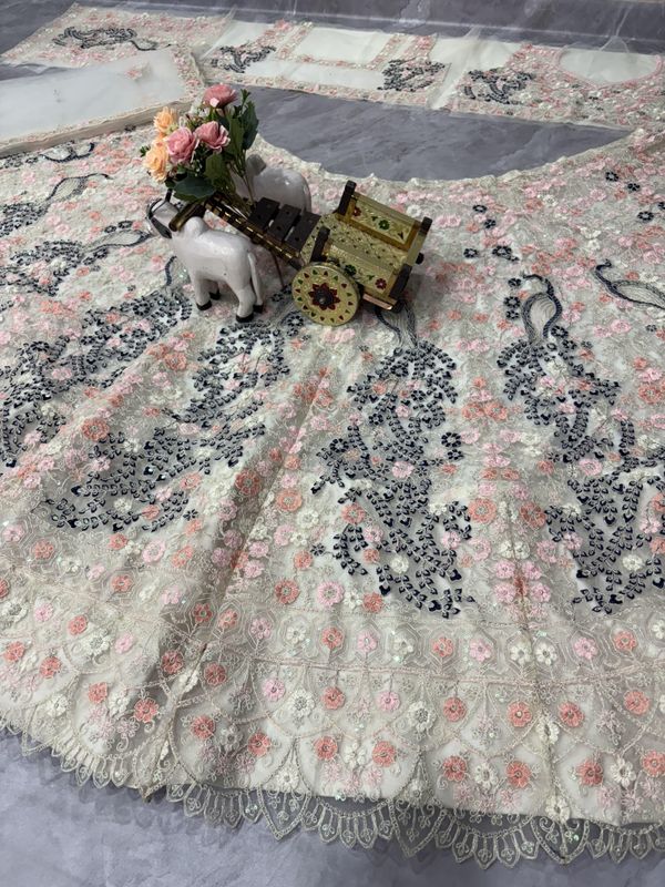 Ivory Floral Sequins Butterfly Net Lehenga Set Online