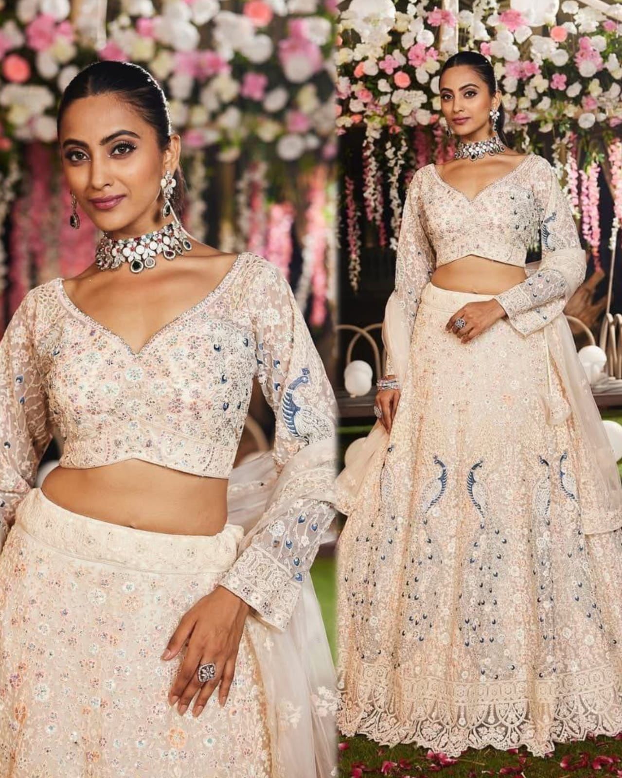 Ivory Floral Sequins Butterfly Net Lehenga Set Online