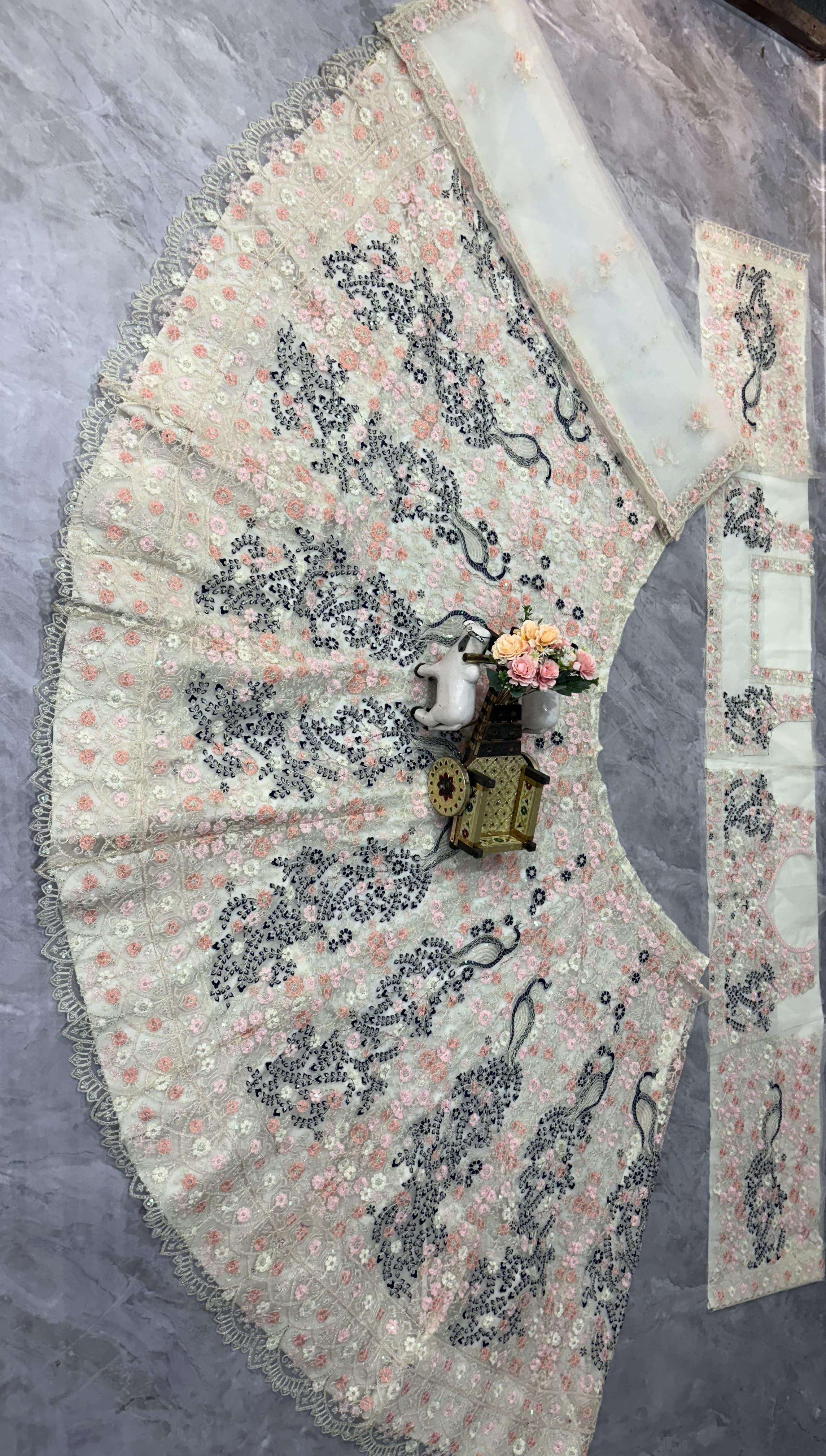 Ivory Floral Sequins Butterfly Net Lehenga Set Online