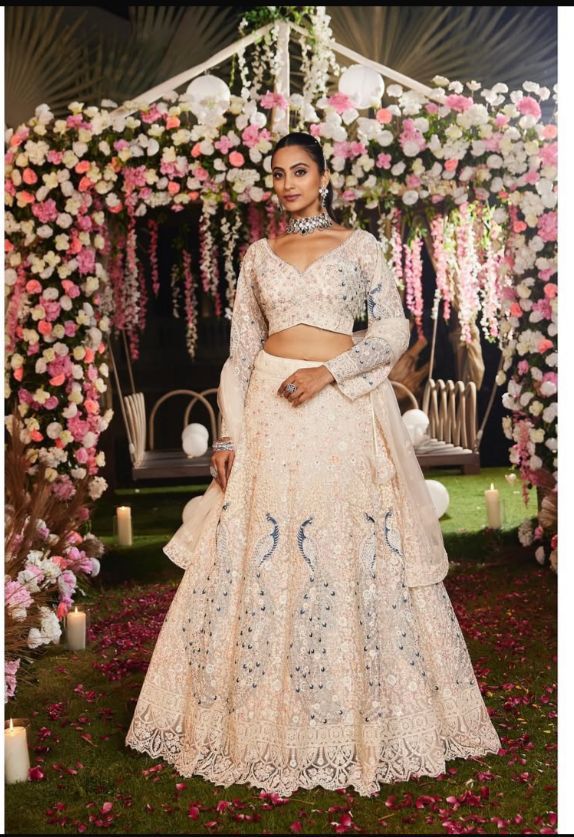 Ivory Floral Sequins Butterfly Net Lehenga Set Online