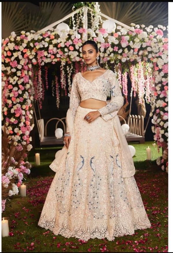 Ivory Floral Sequins Butterfly Net Lehenga Set Online