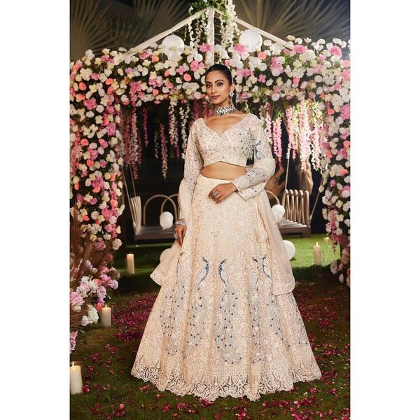 Ivory Floral Sequins Butterfly Net Lehenga Set Online