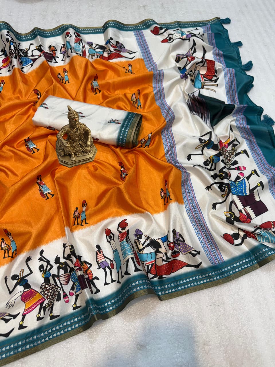 Orange Festive Warli Print Cotton Saree for Women