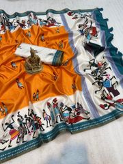 Orange Festive Warli Print Cotton Saree for Women - Orange