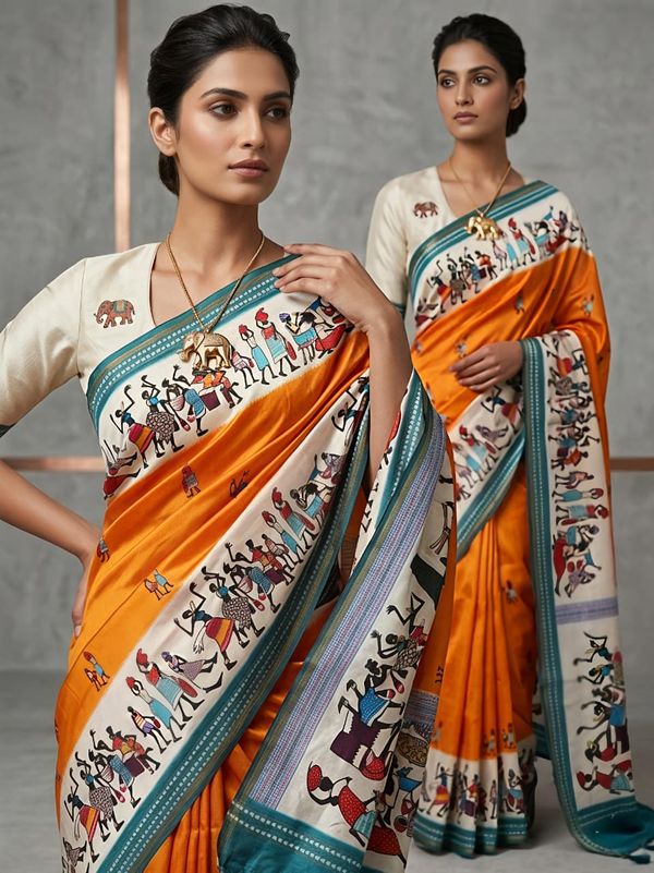 Orange Festive Warli Print Cotton Saree for Women