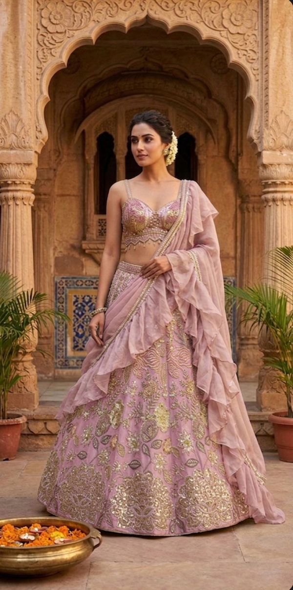 Pink Chinon Silk Sequins Embroidered Lehenga Set Sale