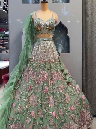 Green Chinon Silk Sequins Embroidered Lehenga Set