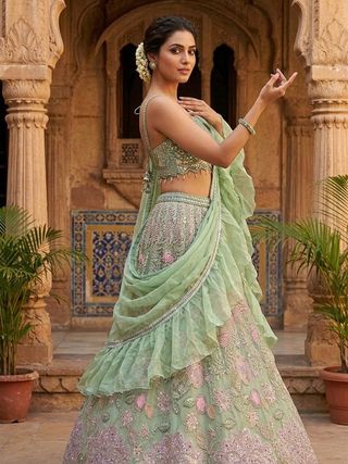 Green Chinon Silk Sequins Embroidered Lehenga Set